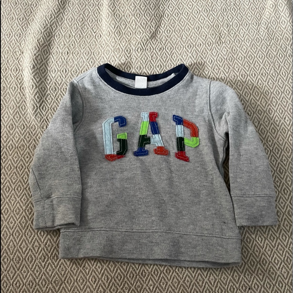 Gray Gap Pullover Sweater with Rainbow Letters